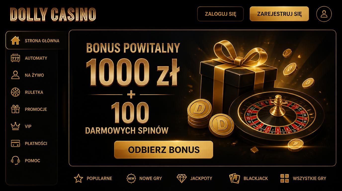 Prezent i monety oraz plansza kasynowa z napisem Bonus powitalny 1000 zł + 100 darmowych spinów