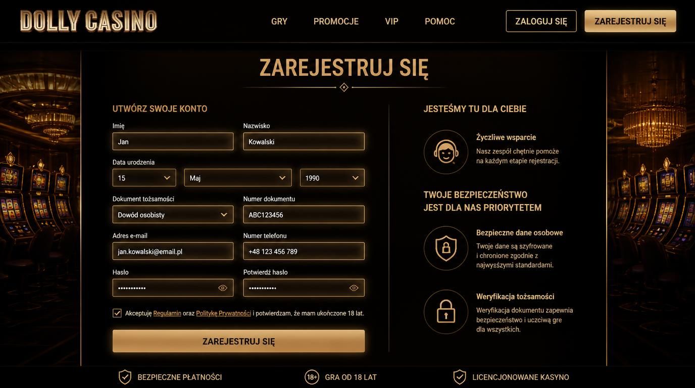 Rejestracja z prawdziwymi danymi i dokumentem tożsamości visible na ekranie, ukazane w stylu Dolly Casino