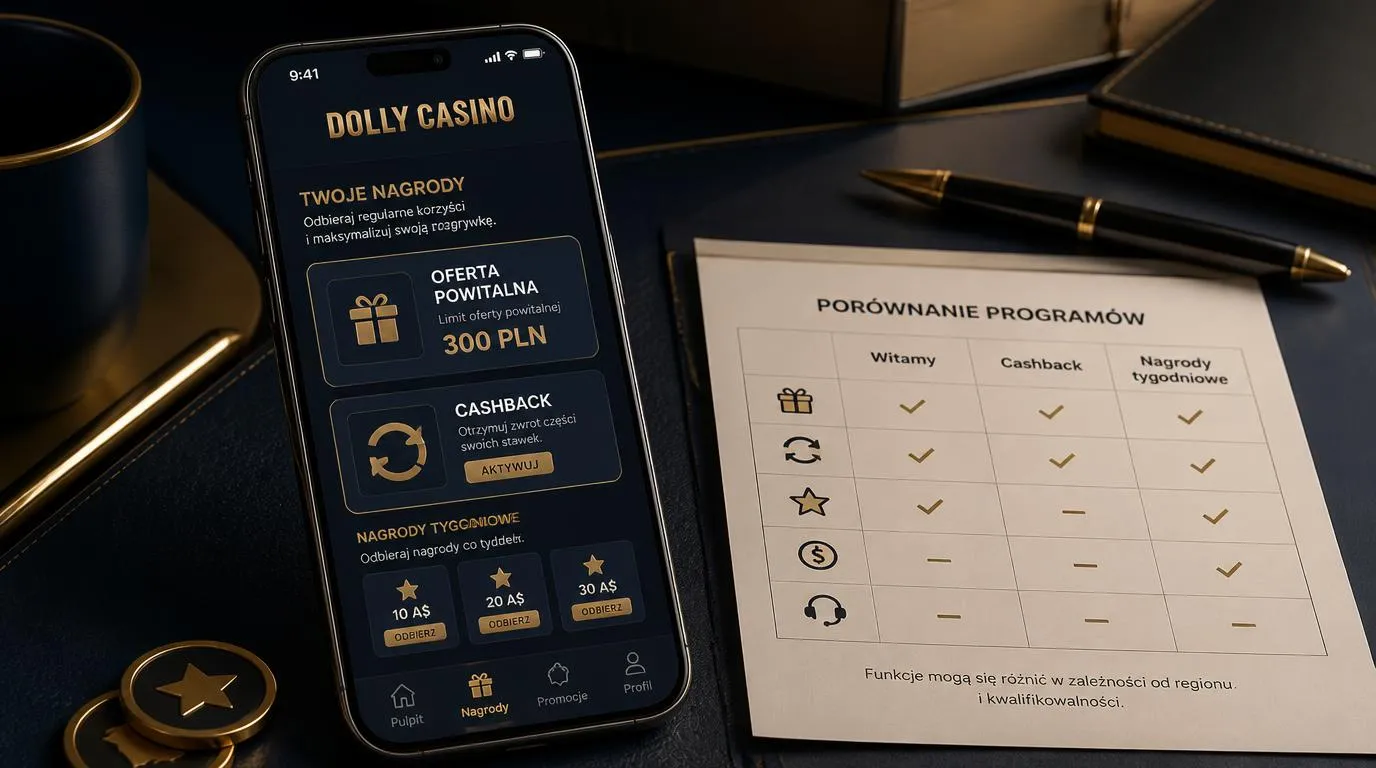 Zestawienie oferty powitalnej, cashbacku i tygodniowych nagród bonusowych na ekranie telefonu
