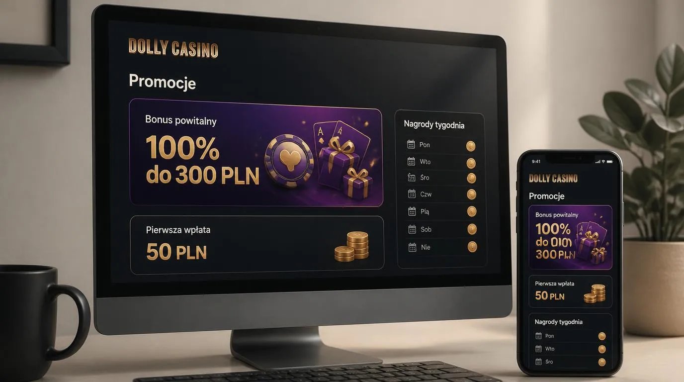 Ekran promocji kasyna z bonusem 100% do 300 PLN i minimalnym depozytem 50 PLN