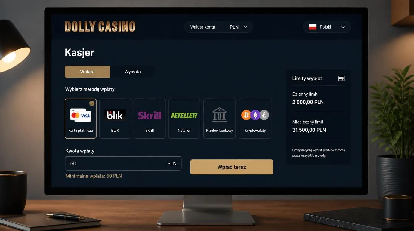 Panel kasy kasyna z wyborem PLN, metod płatności oraz informacją o limitach wypłat